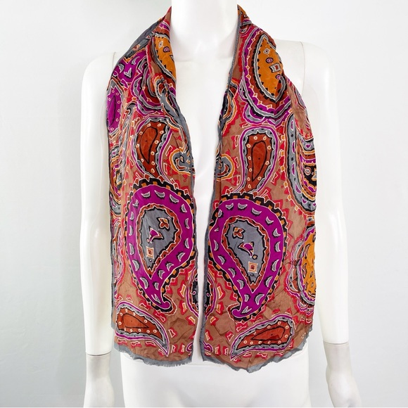 Oscar de la Renta Accessories - Oscar De La Renta Orange Pink Multicolor Paisley Print Silk Scarf